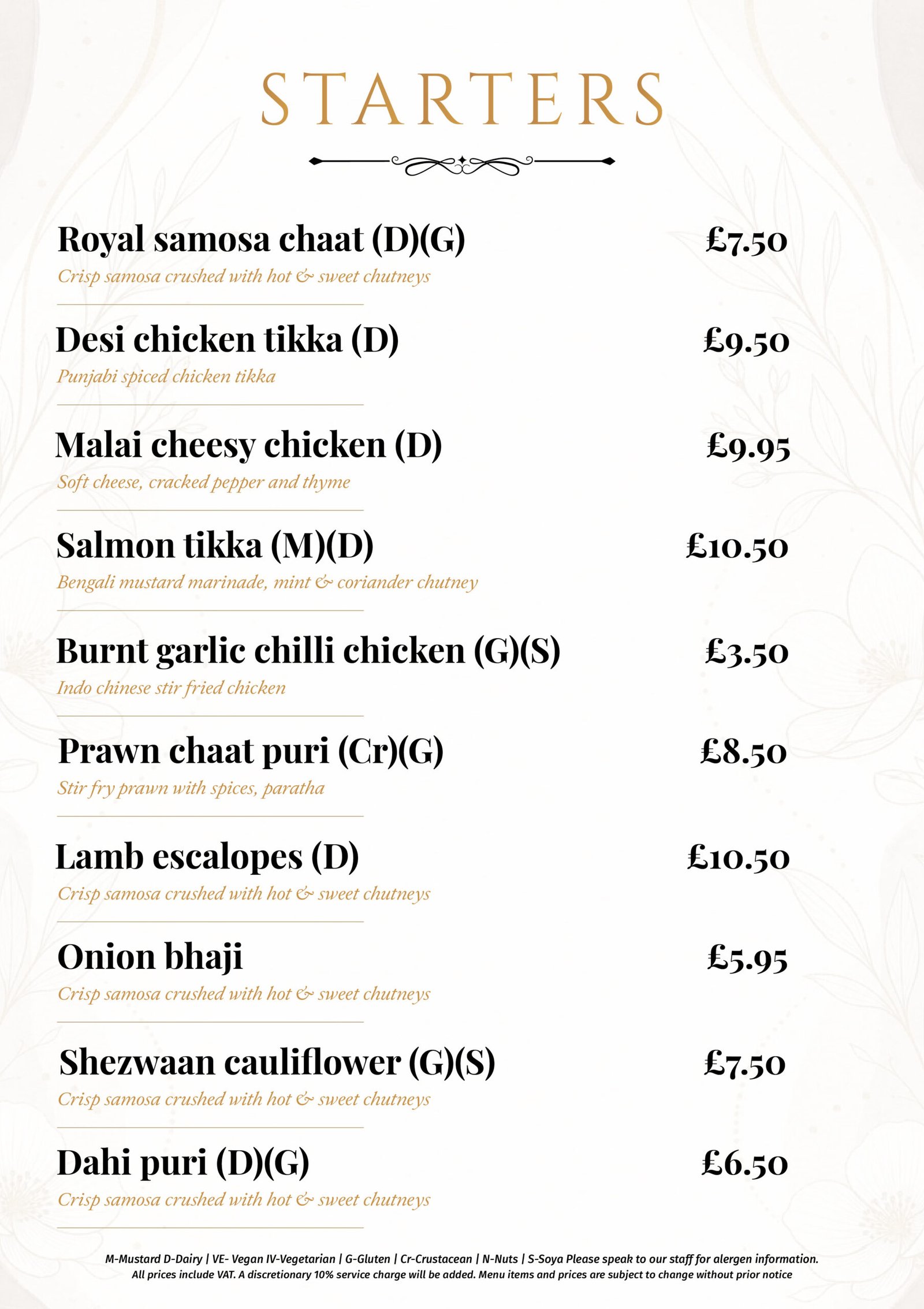 Starters menu page